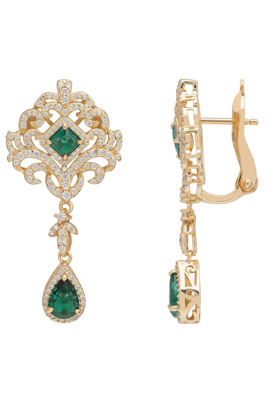 Gold drop earrings with emerald stones and clear pavé accents