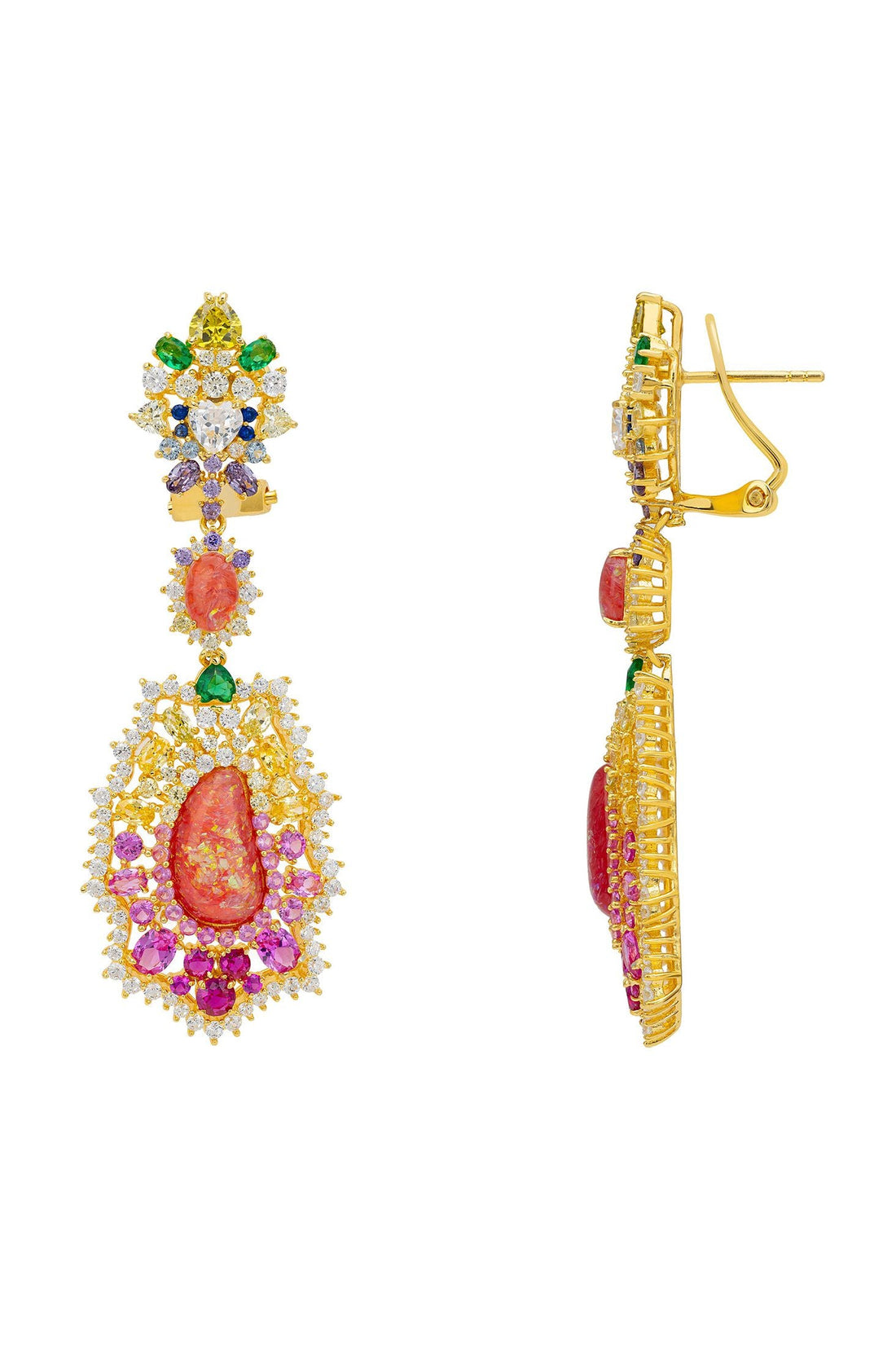Gold-tone drop earrings, side view, with rainbow gemstone fringe and teardrop