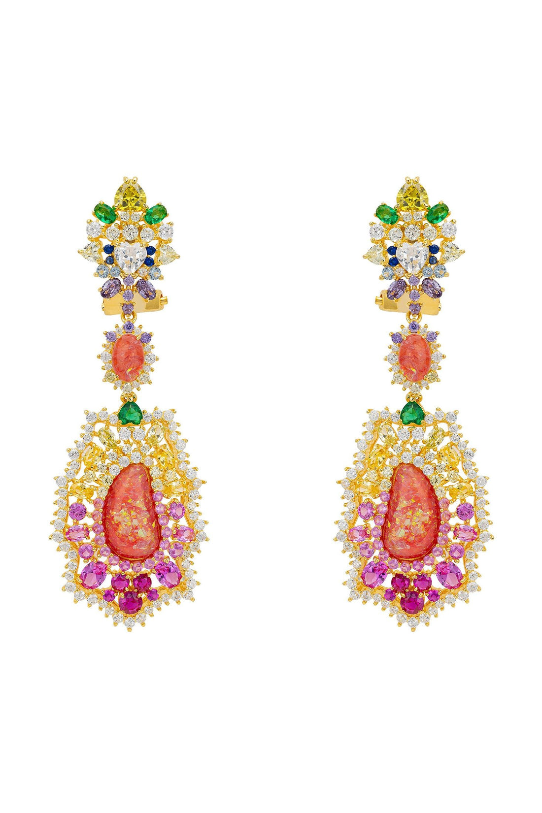 Gold-tone drop earrings with rainbow gemstone teardrops and leaf fringe