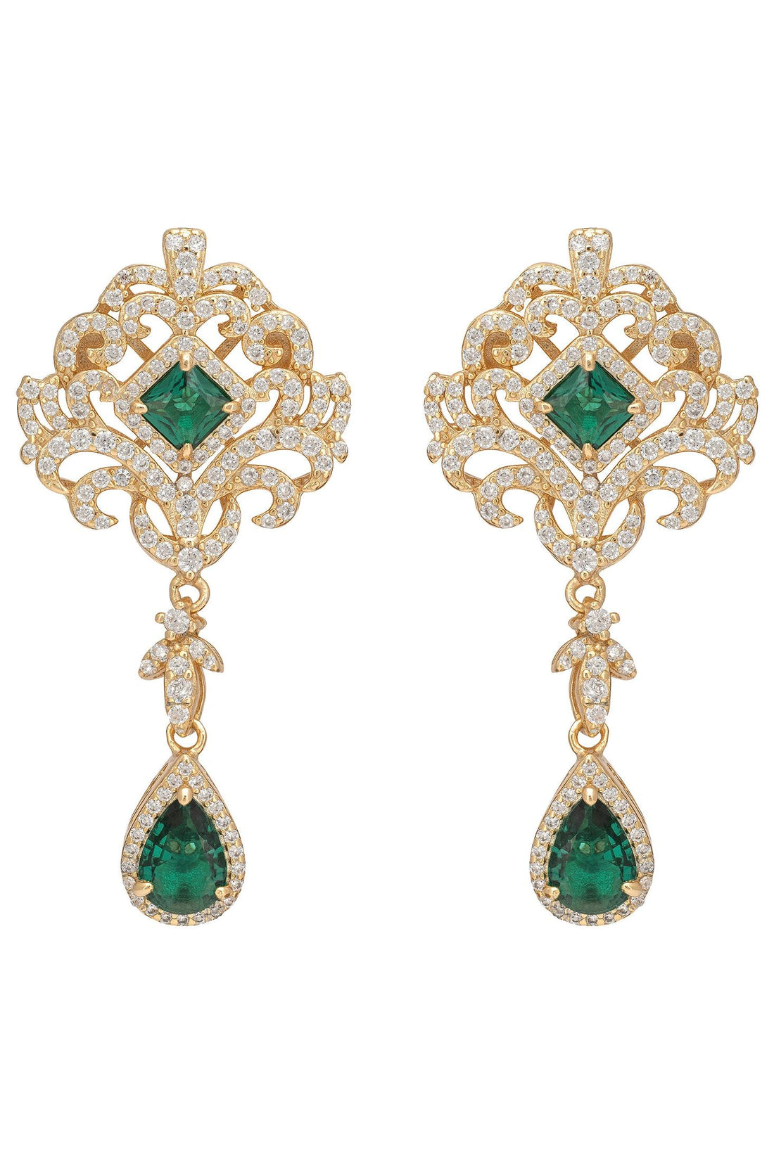 Gold and emerald drop earrings with pavé crystal filigree and teardrop dangles