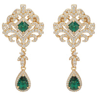 Gold and emerald drop earrings with pavé crystal filigree and teardrop dangles