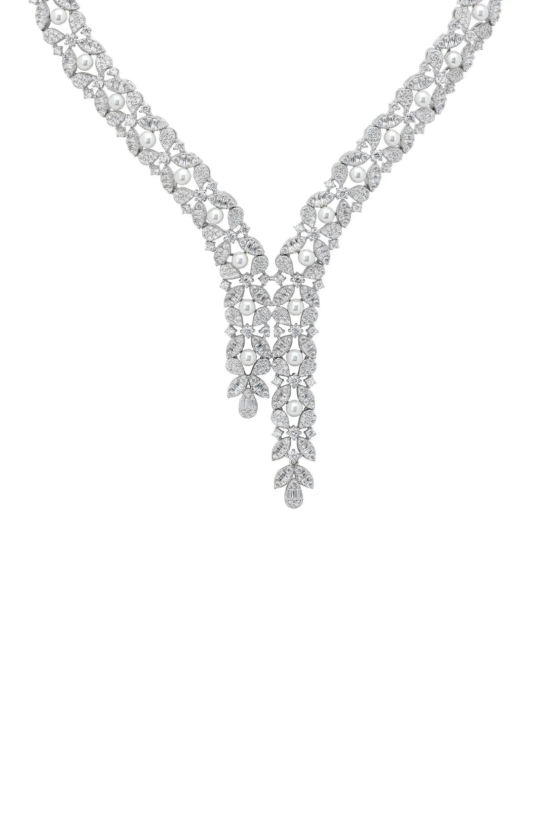 Silver statement necklace with rhinestone V design and dangling charms