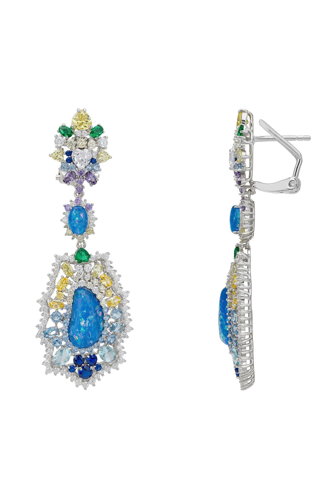 Silver rainbow-drop earrings with blue teardrop centerpiece and dangling stones