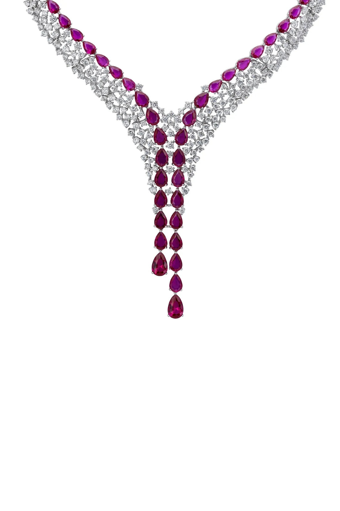 Rhinestone statement necklace with ruby red teardrop gems and silver chain