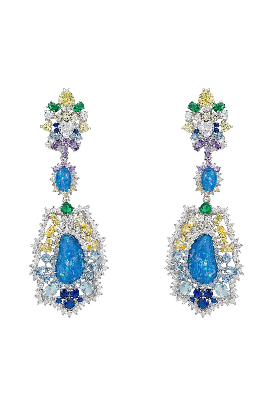 Silver drop earrings with blue teardrop center and multicolor gemstone cluster