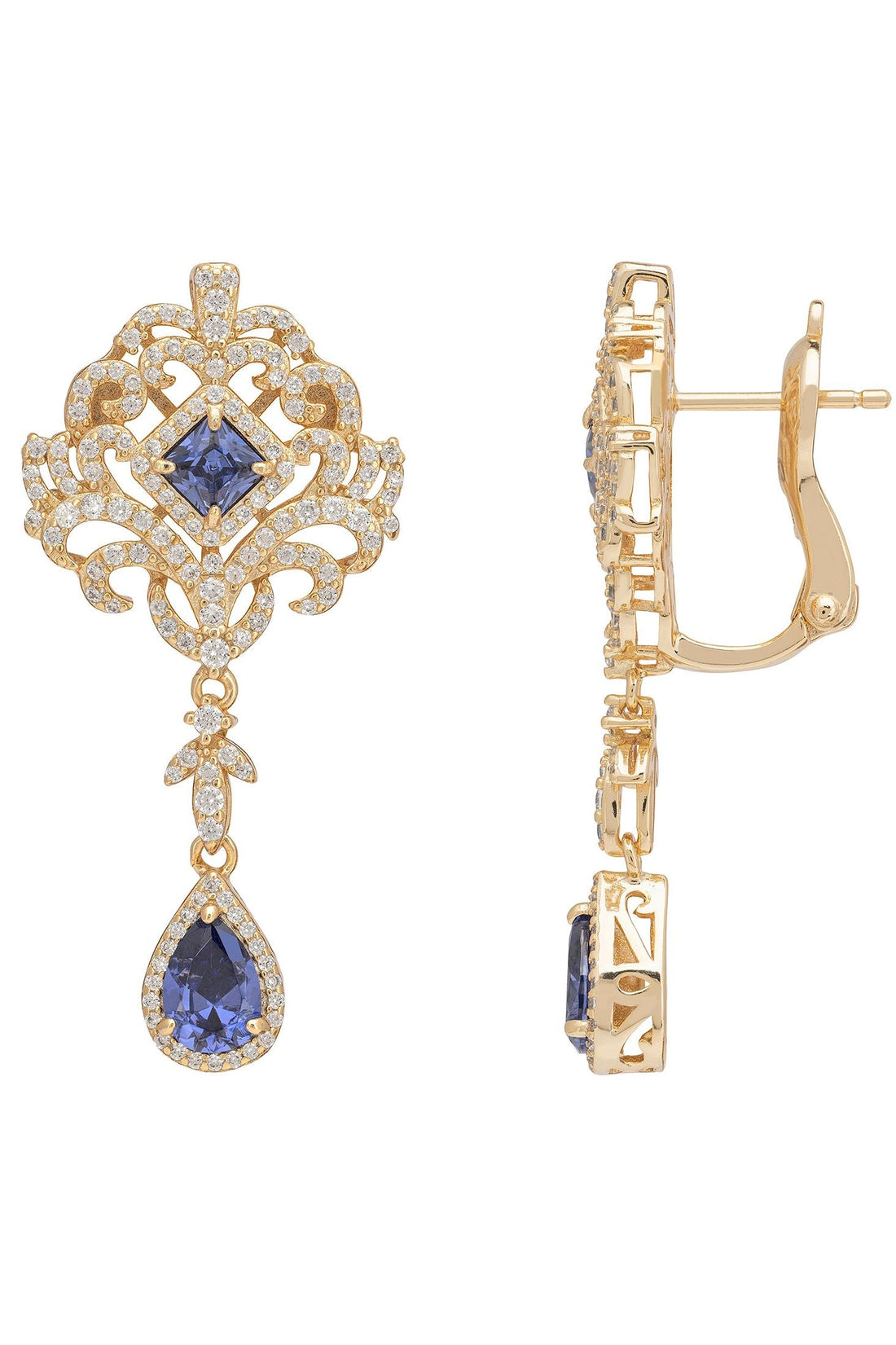 Gold drop earrings, front and back view, with blue teardrop gemstone and pave
