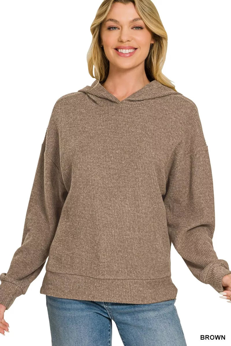 Brown ribbed hoodie with hood, long sleeves, and front kangaroo pocket