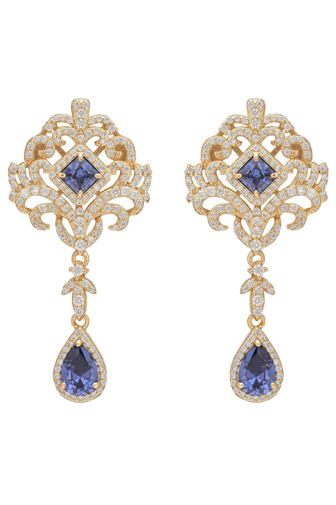 Gold drop earrings with tanzanite teardrop gemstone and diamond-like pave detail