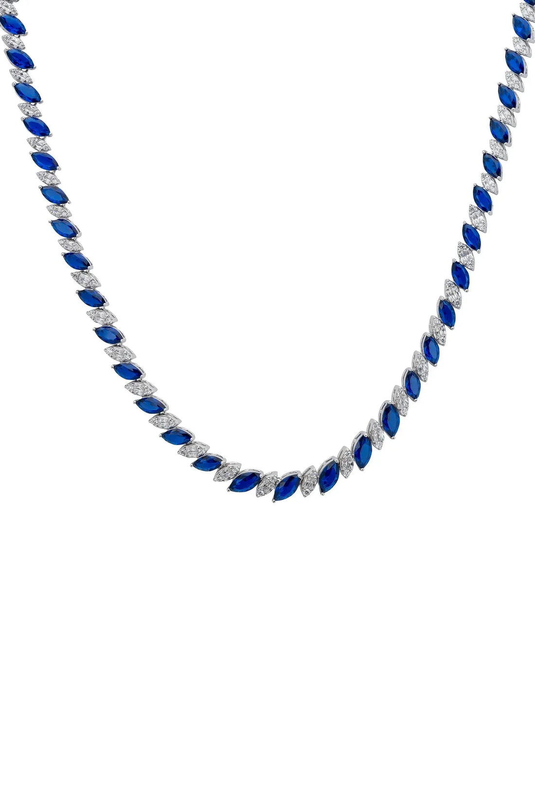 Sapphire blue tennis necklace with oval crystal links, silver-tone setting