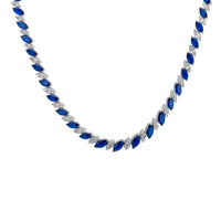 Sapphire blue tennis necklace with oval crystal links, silver-tone setting