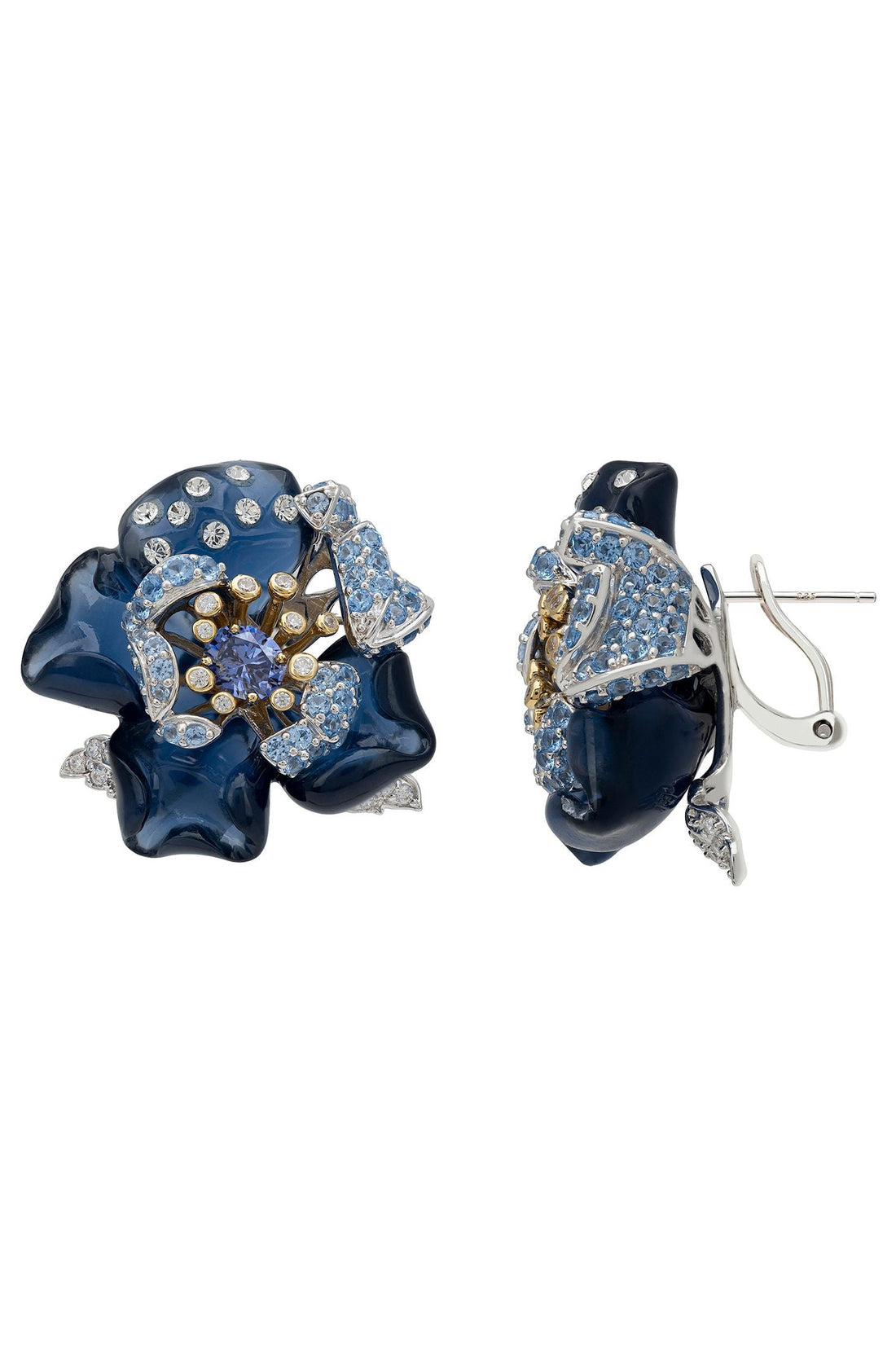 Pair of blue enamel flower stud earrings with gold center and crystal accents