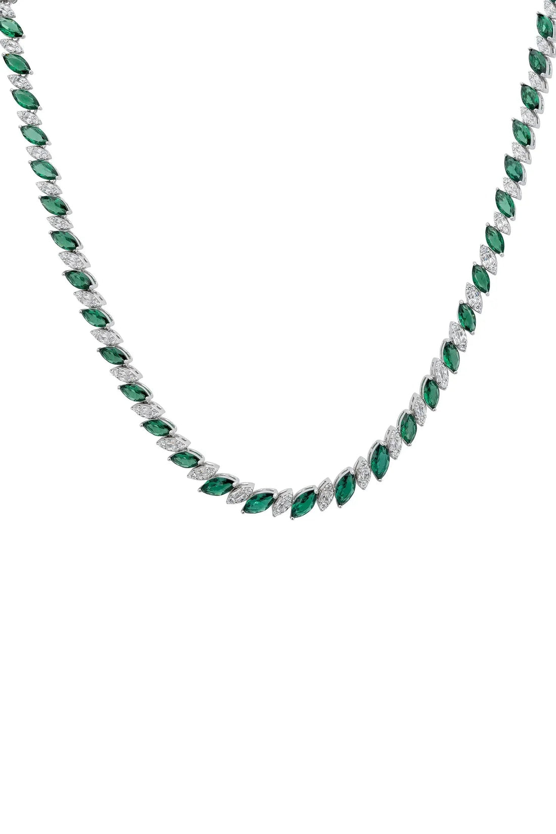 Emerald-green oval-stone tennis necklace with silver-tone links