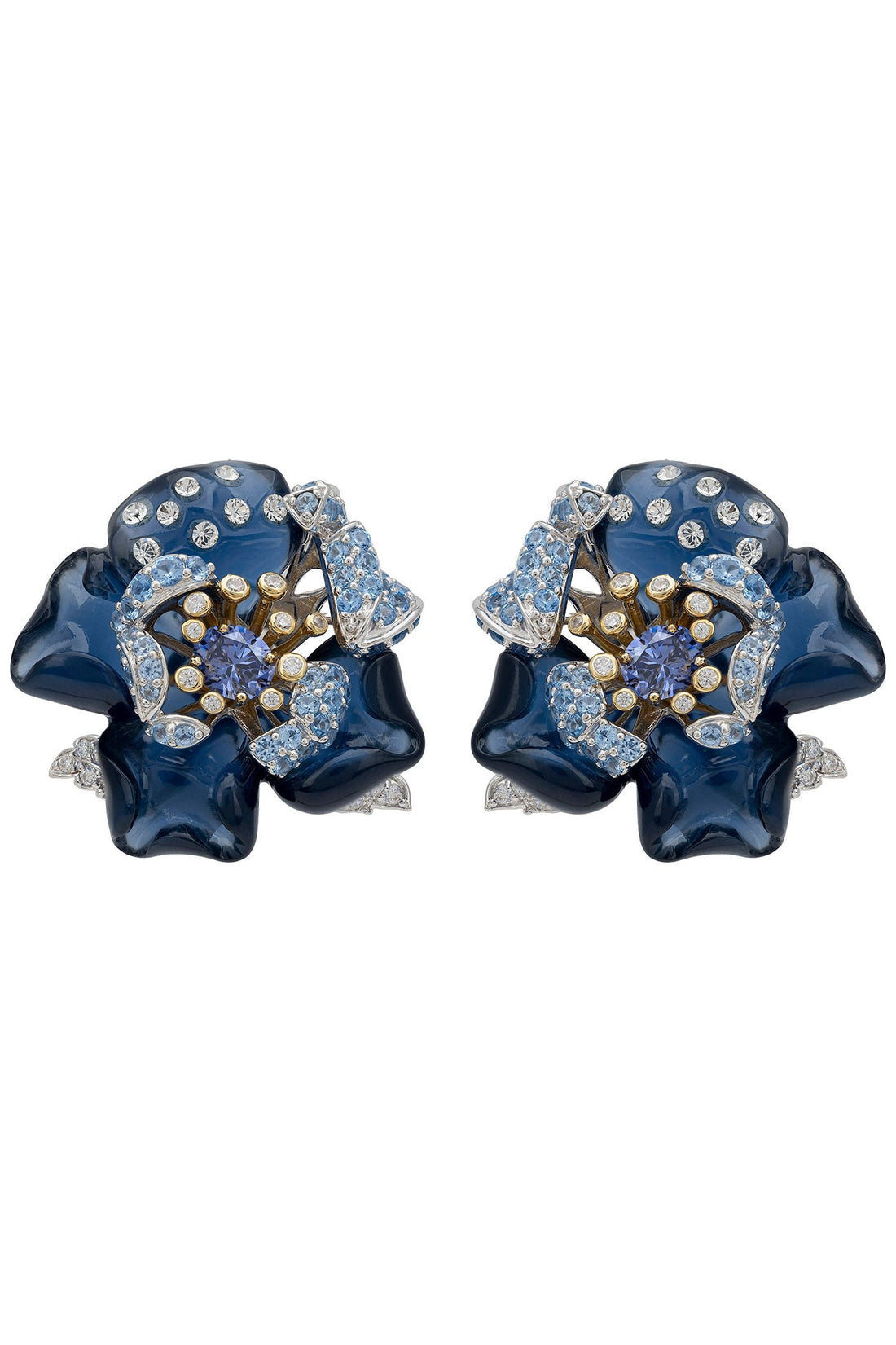 Blue and gold flower stud earrings with blue enamel petals and sparkling crystals