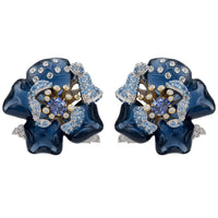 Blue and gold flower stud earrings with blue enamel petals and sparkling crystals