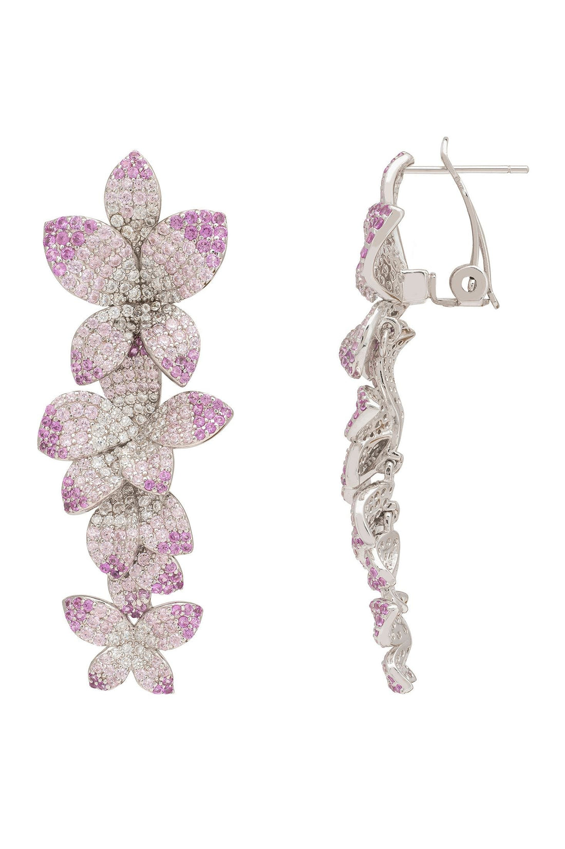 Pink and silver cherry blossom drop earrings, back view with butterfly hooks