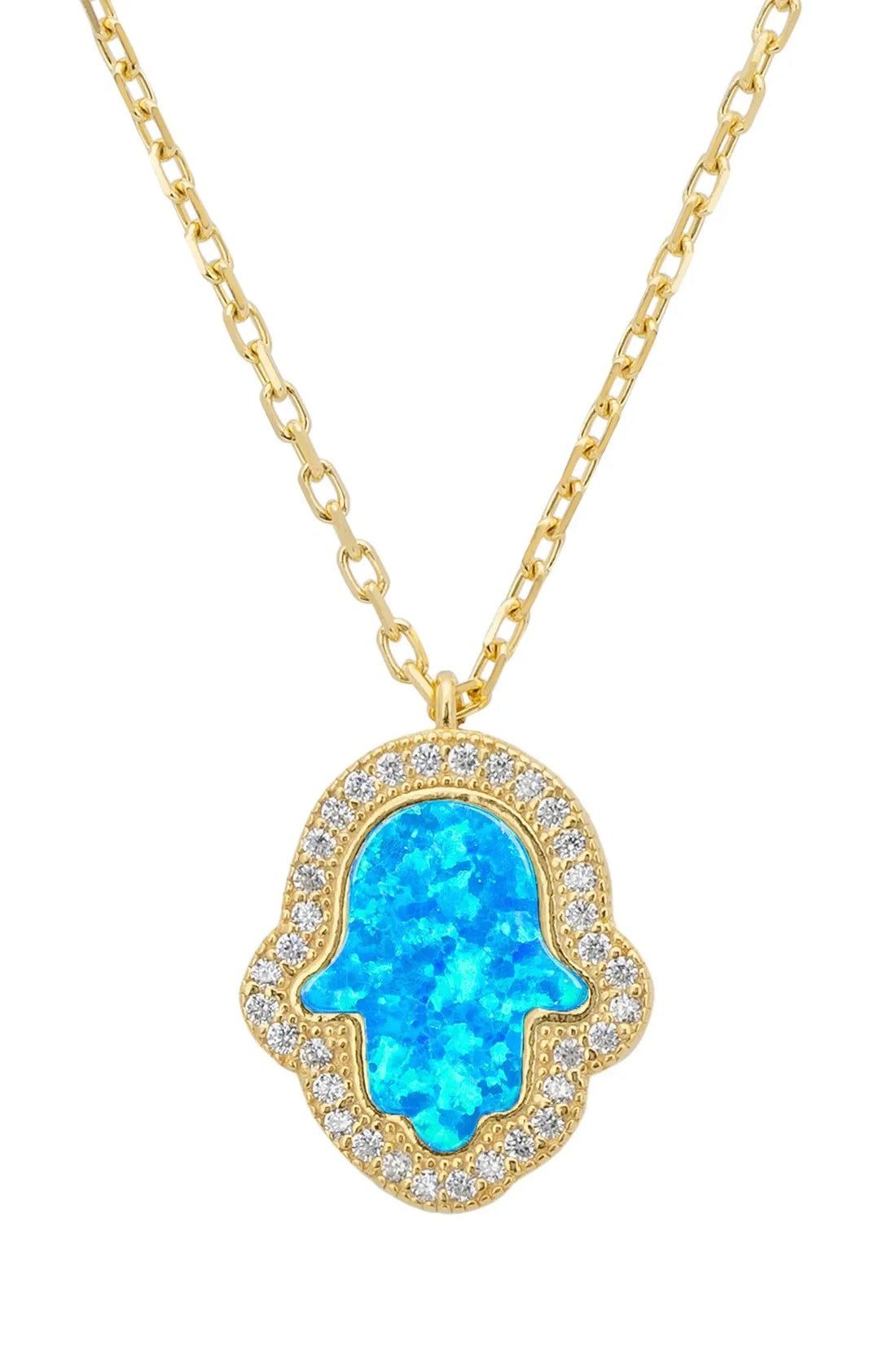 Gold hamsa pendant necklace with blue opalite center and clear stone border