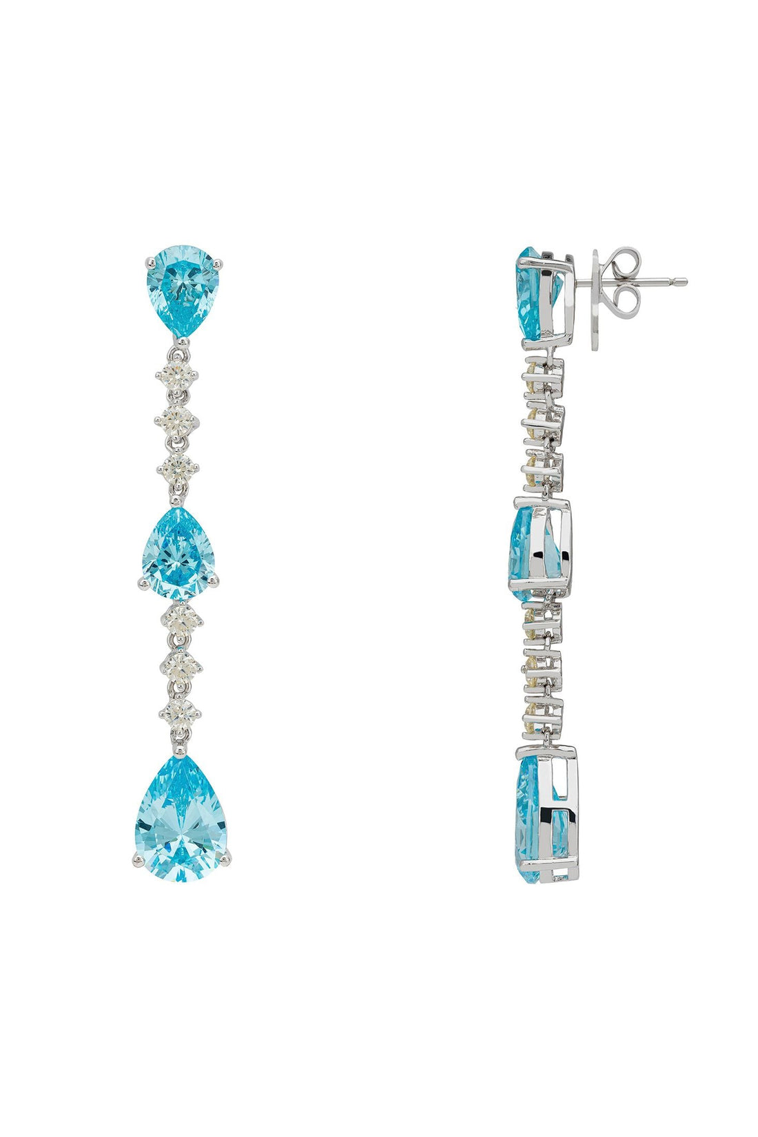 Silver drop earrings with blue topaz stones, shown in side view