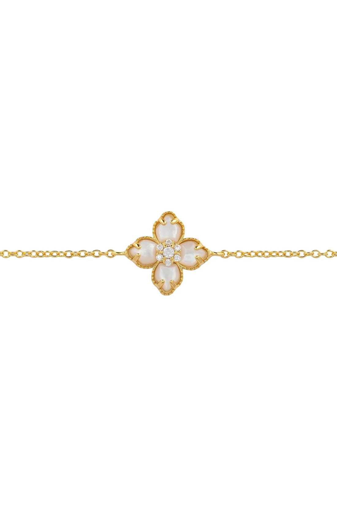 Gold bracelet with mother-of-pearl flower clover centerpiece on chain