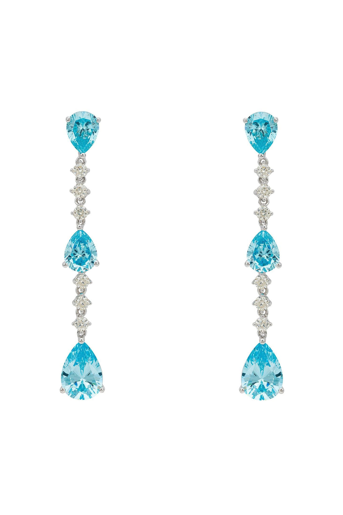 Silver drop earrings with blue topaz pear stones and crystal accents