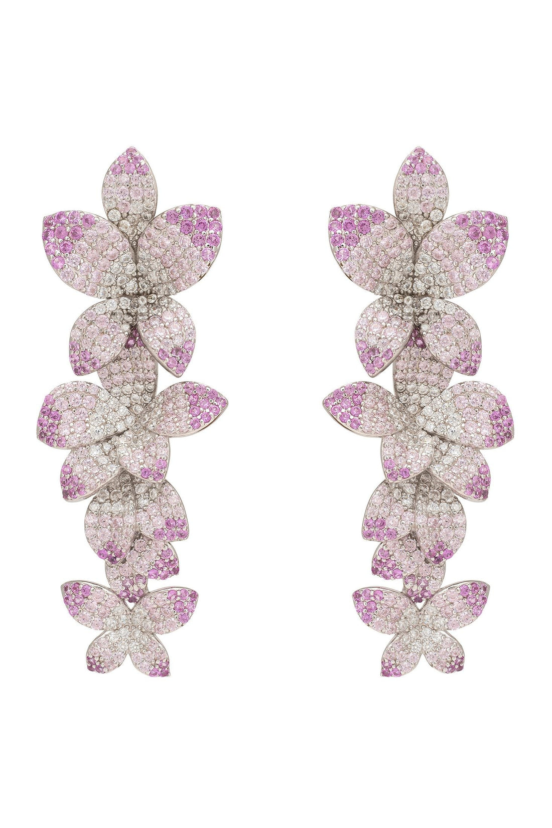Pink and silver cherry blossom drop earrings, five glitter flower clusters