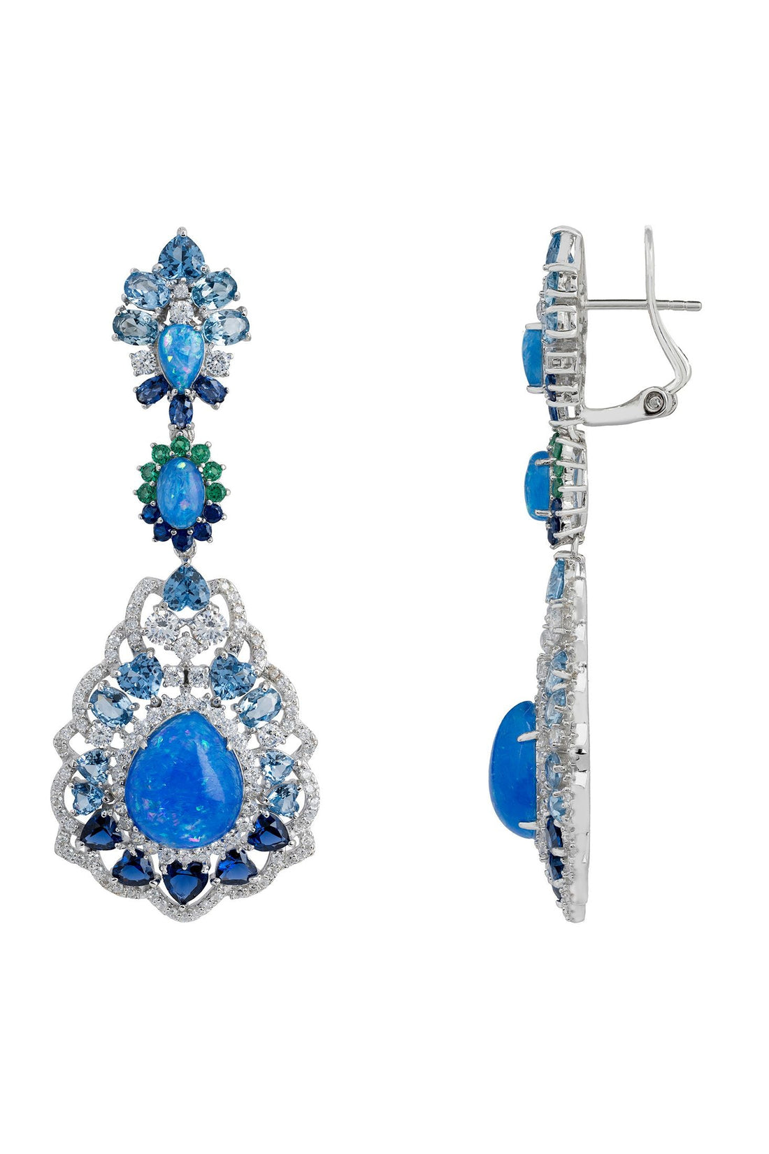 Silver-tone blue opal drop earrings with blue stones, showing earring back