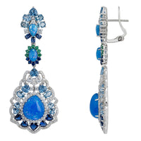 Silver-tone blue opal drop earrings with blue stones, showing earring back