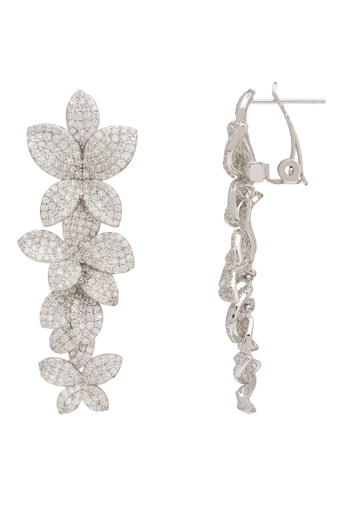 Cherry blossom drop earrings, silver-tone back view with hoop posts