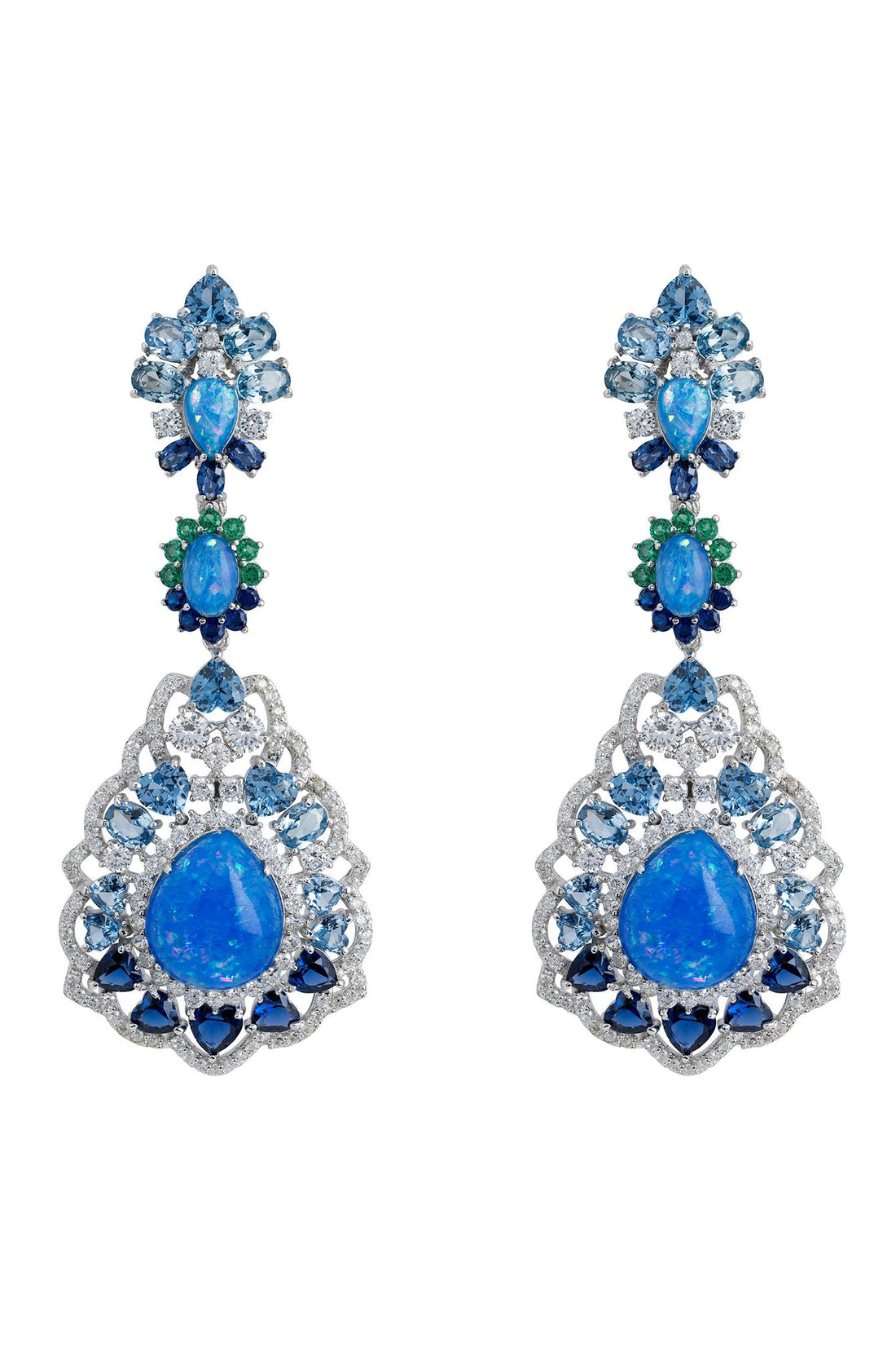 Blue opal drop earrings with silver-tone settings and teardrop blue stones