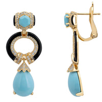 Gold-tone turquoise drop earrings side view with lever backs and blue teardrop drops