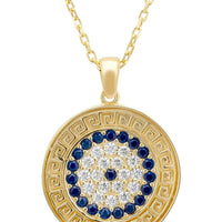 Gold evil eye disc pendant necklace with blue center stones