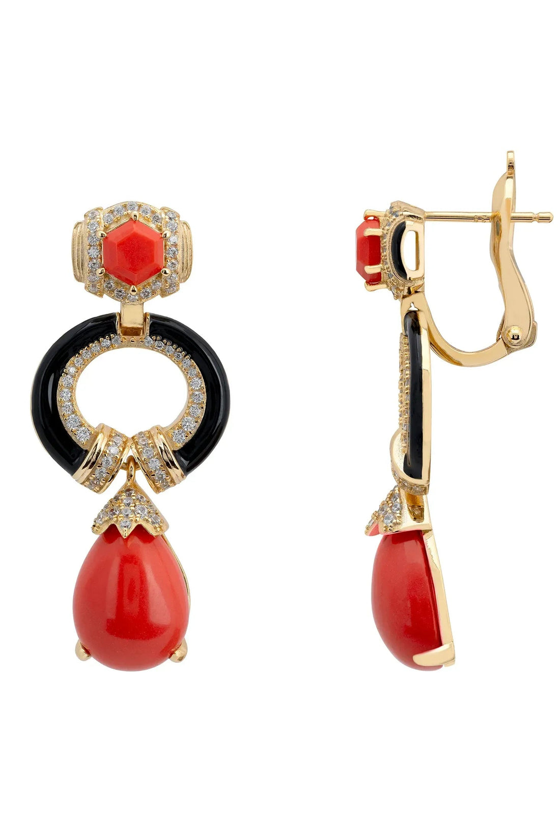 Gold drop earrings, side view: red gemstone top with black oval and coral teardrop dangle