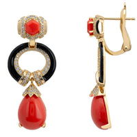 Gold drop earrings, side view: red gemstone top with black oval and coral teardrop dangle