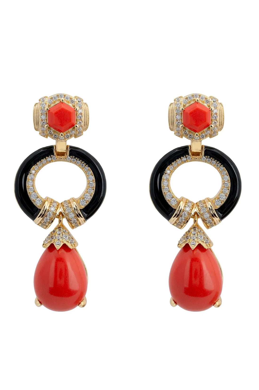 Gold coral enamel drop earrings with red gem, black oval, and coral teardrop dangle