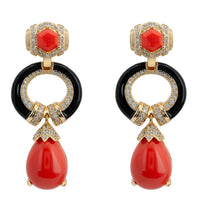 Gold coral enamel drop earrings with red gem, black oval, and coral teardrop dangle