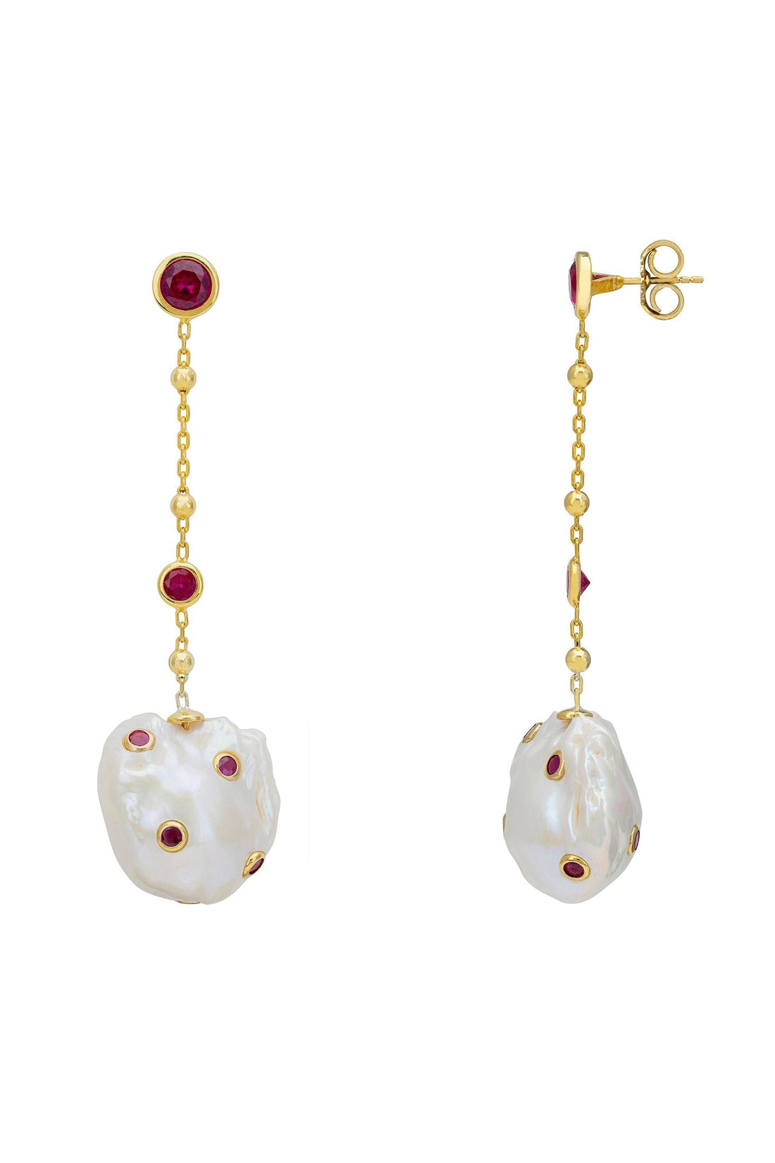 Gold-tone drop earrings shown from side, pearl chain with red ruby beads, white baroque charm