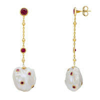 Gold-tone drop earrings shown from side, pearl chain with red ruby beads, white baroque charm