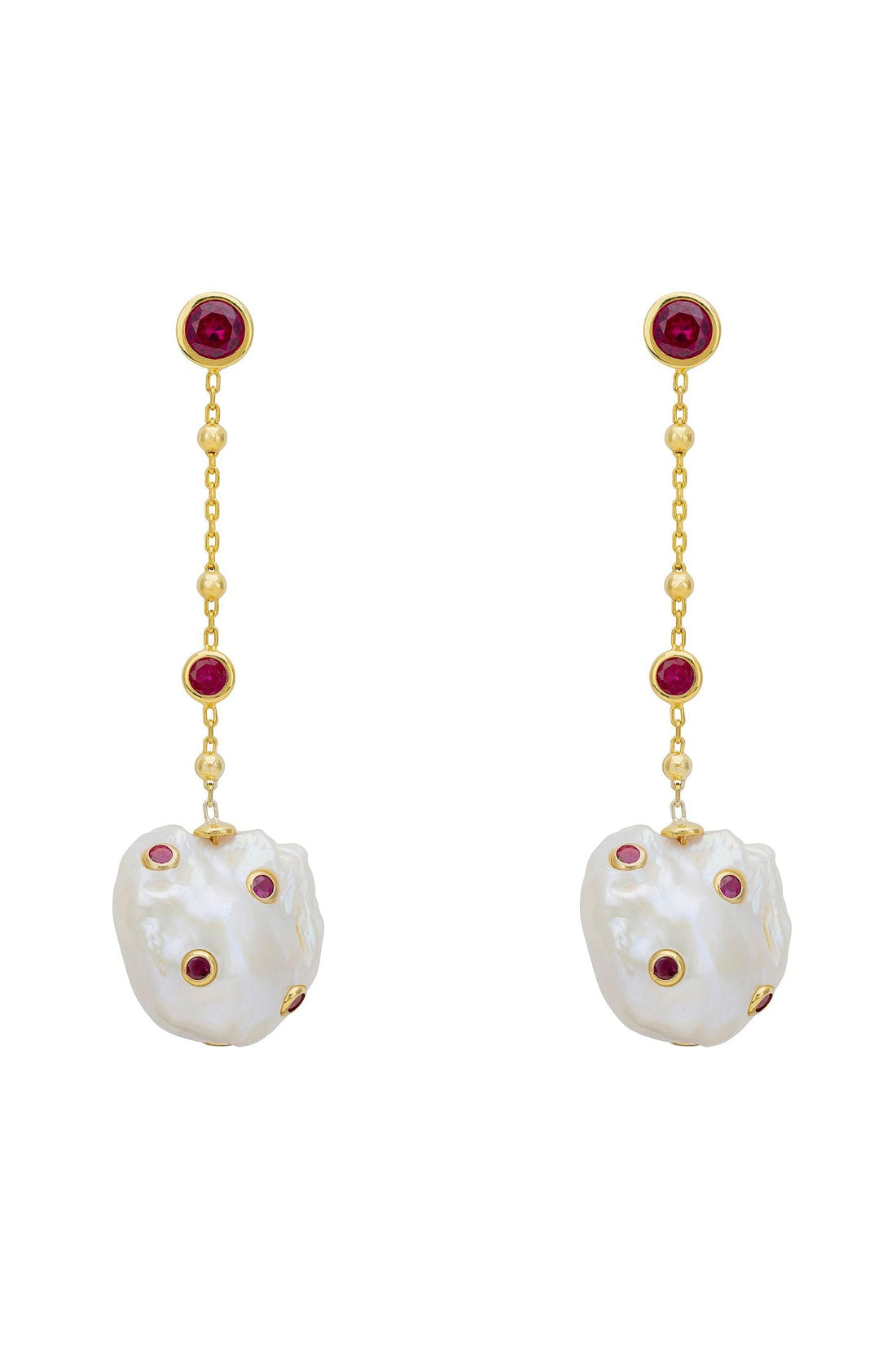 Gold-tone drop earrings with pearl chain, red ruby beads, and white baroque pearl charm