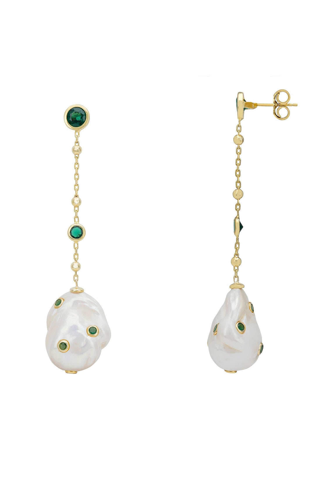 Gold drop earrings with pearl chain and white teardrop pearl dangles, emerald green caps