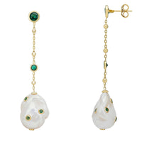Gold drop earrings with pearl chain and white teardrop pearl dangles, emerald green caps