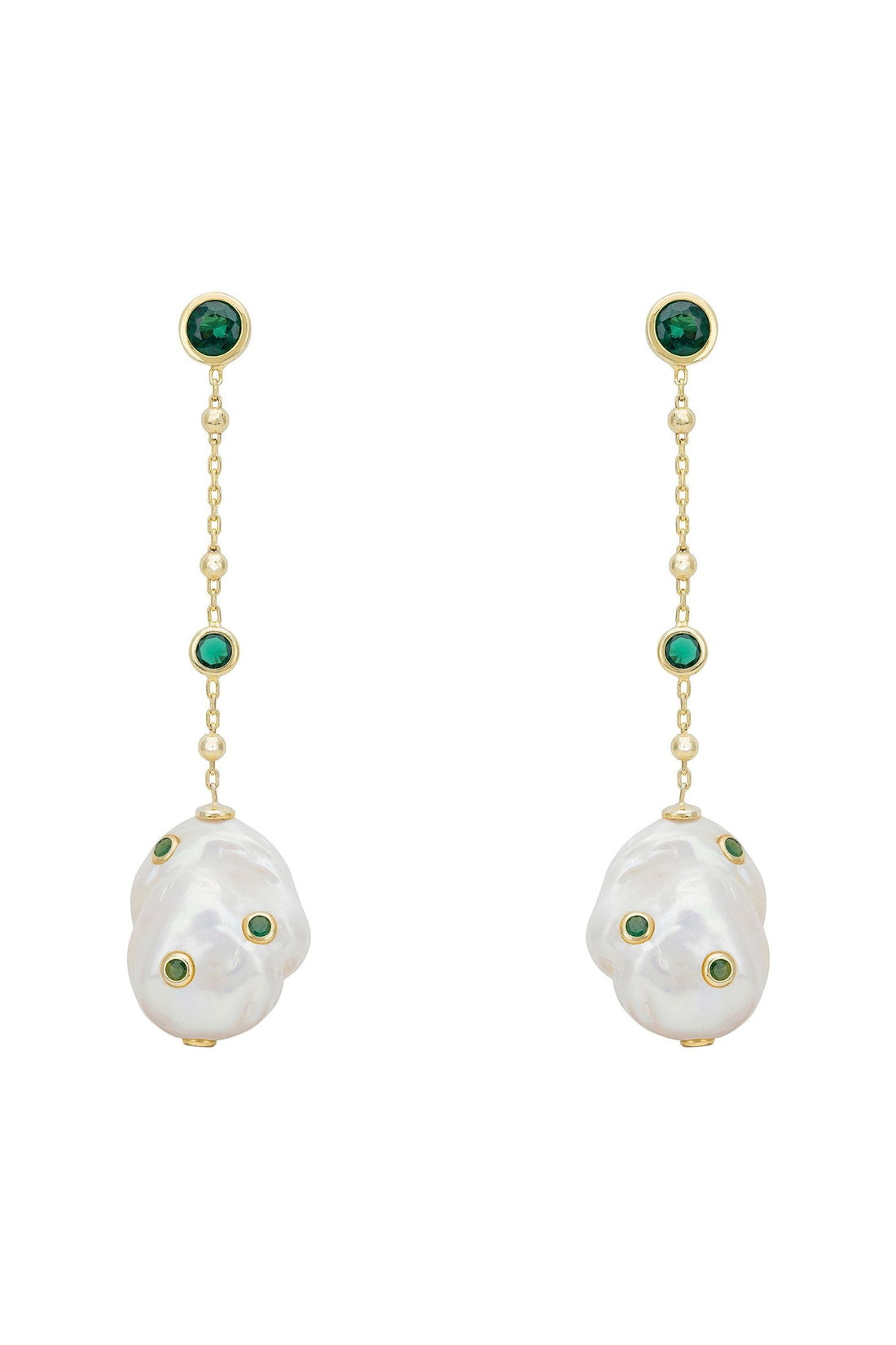 Gold drop earrings with pearl chain, white teardrop pearl dangles, emerald green accents
