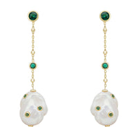 Gold drop earrings with pearl chain, white teardrop pearl dangles, emerald green accents