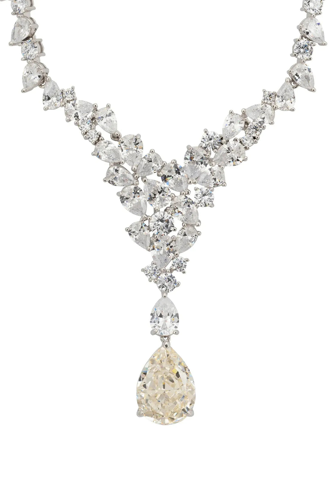Silver moissanite statement necklace with pear-drop center and V-shaped stones