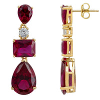 Gold drop earrings, side view with ruby-red stone settings and gold posts