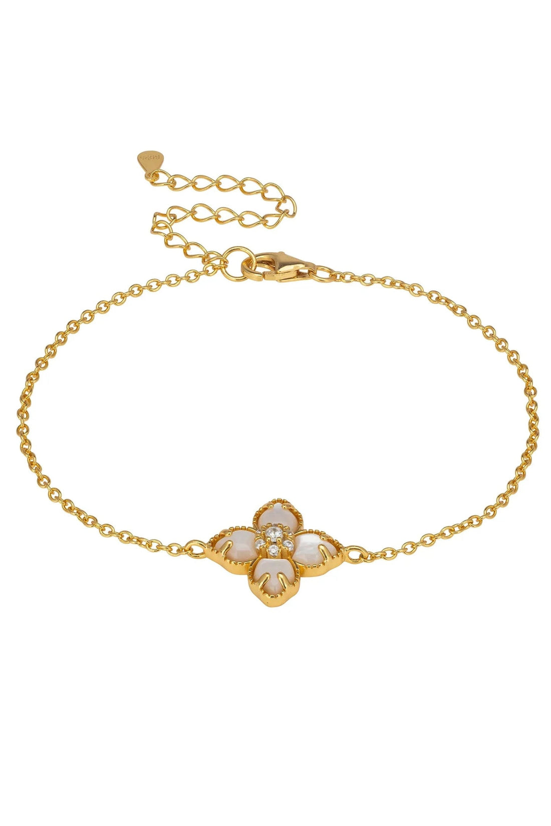 Gold bracelet with mother-of-pearl flower clover charm and linked chain
