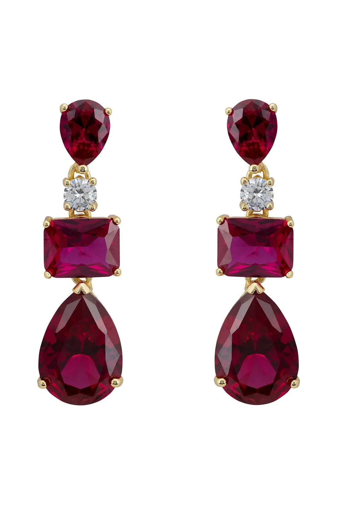 Gold drop earrings with marquise, square, and teardrop ruby-red gemstones