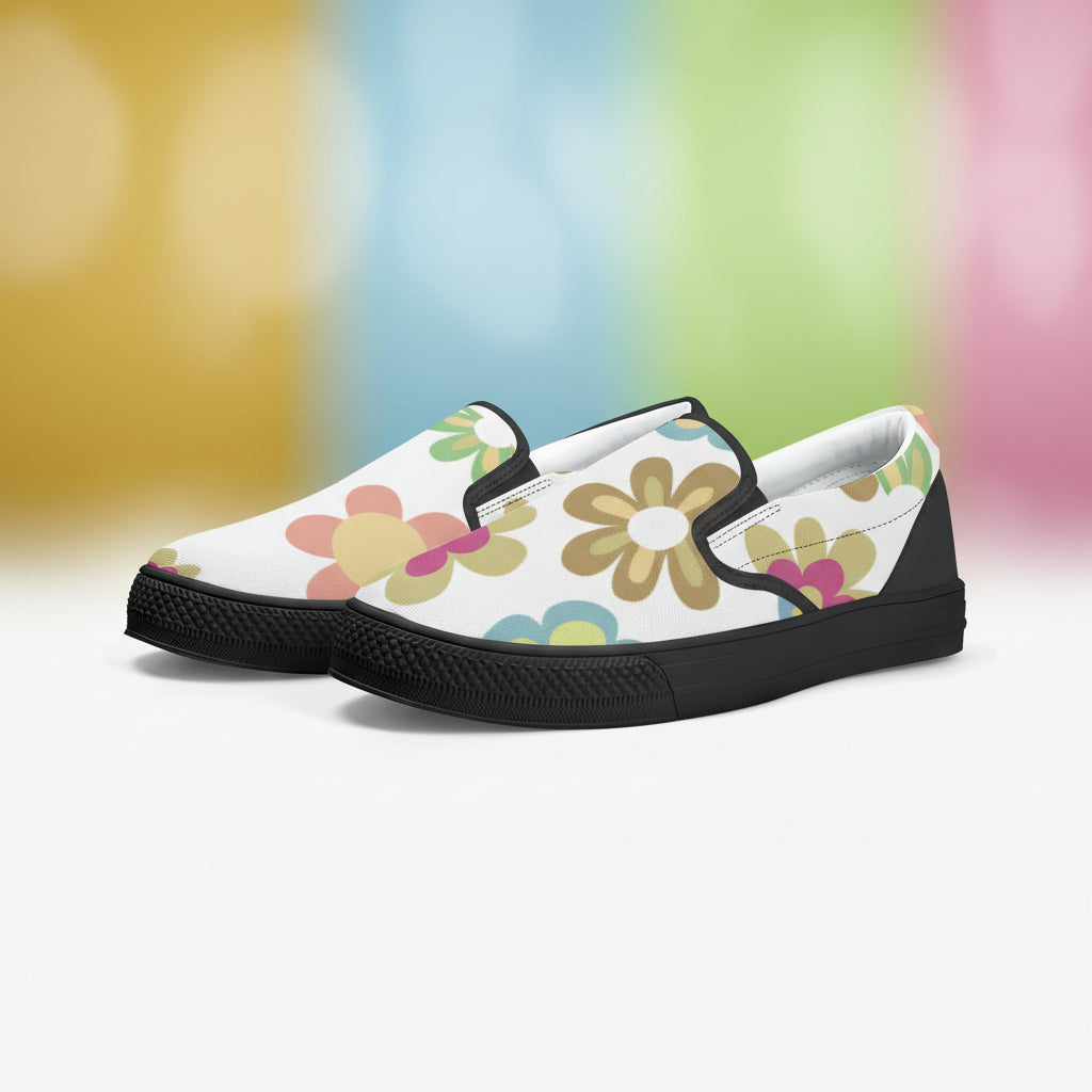 White Multicolor Womens Flower Sneakers | Floral Print Slip On Canvas Shoes