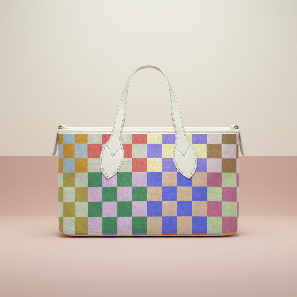 Checkered Tote Bag | Small Patchwork Multicolor Leather Bag