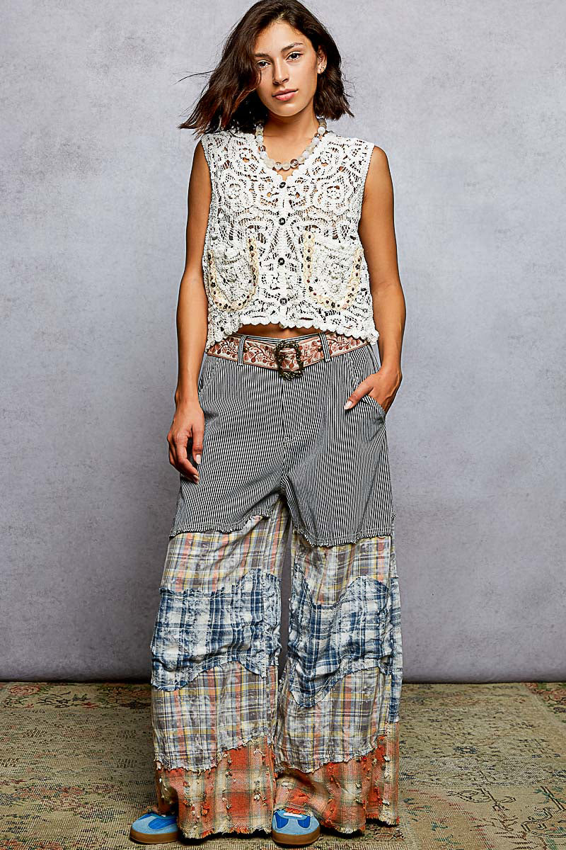Off-white crocheted cropped button-down vest with intricate openwork panel and scalloped trim