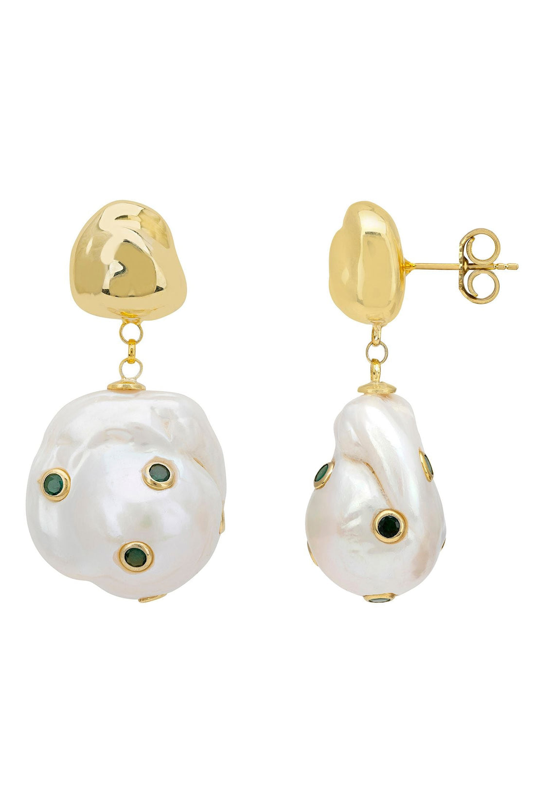 Gold baroque pearl drop earrings with green eye-stone accents, front view