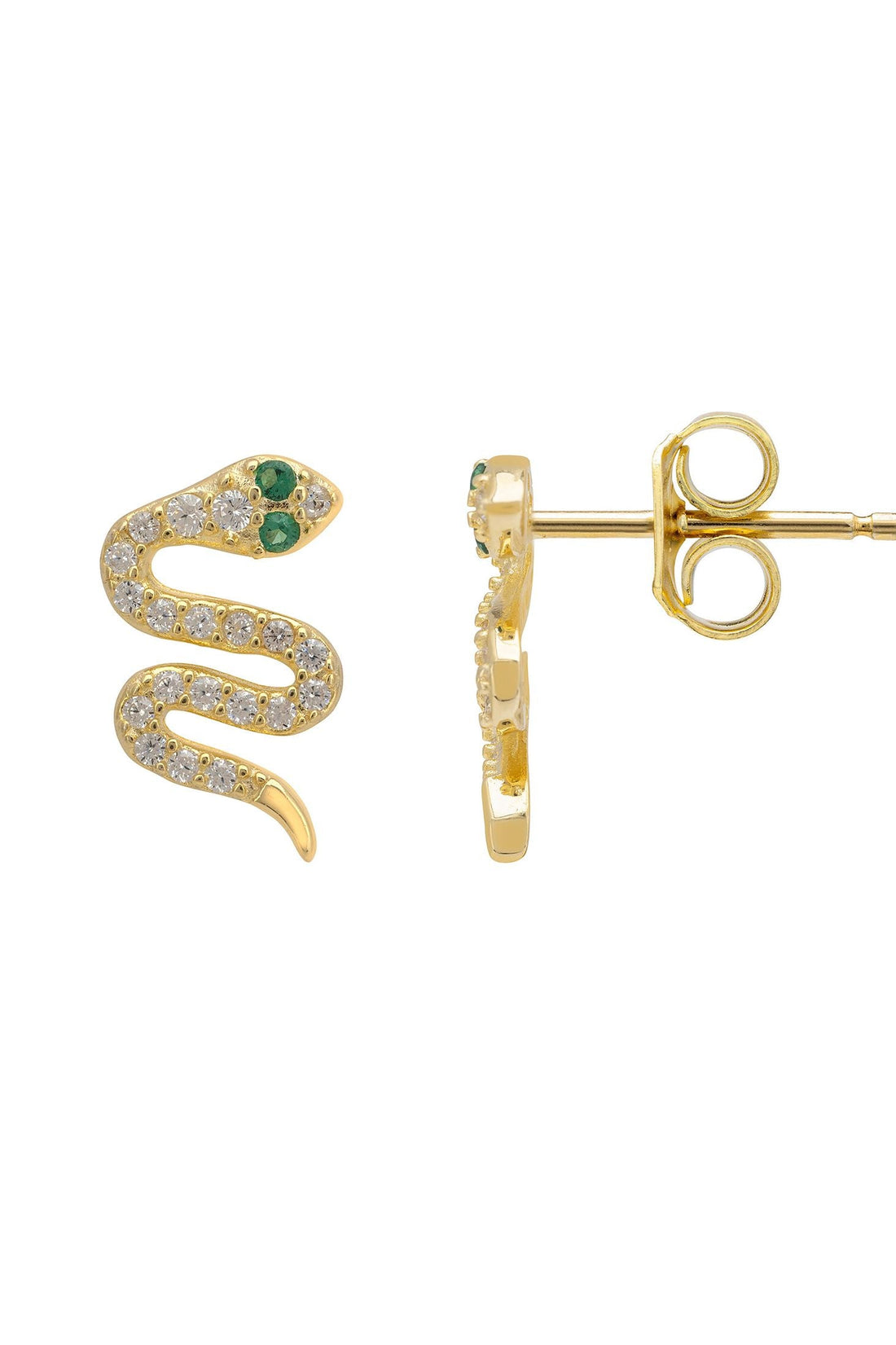 Gold snake stud earrings, detailed front and post with backings